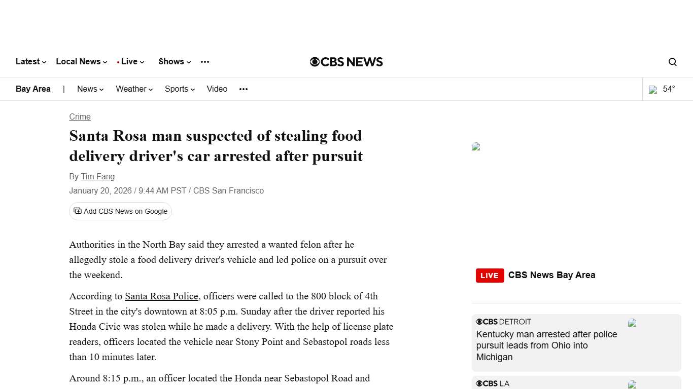 Santa Rosa man suspected of stealing food delivery driver's car arrested after pursuit - CBS San Francisco